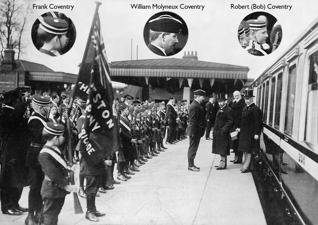 The King at Hooton Station, March 1914. Neston Boys Brigade do the honours.