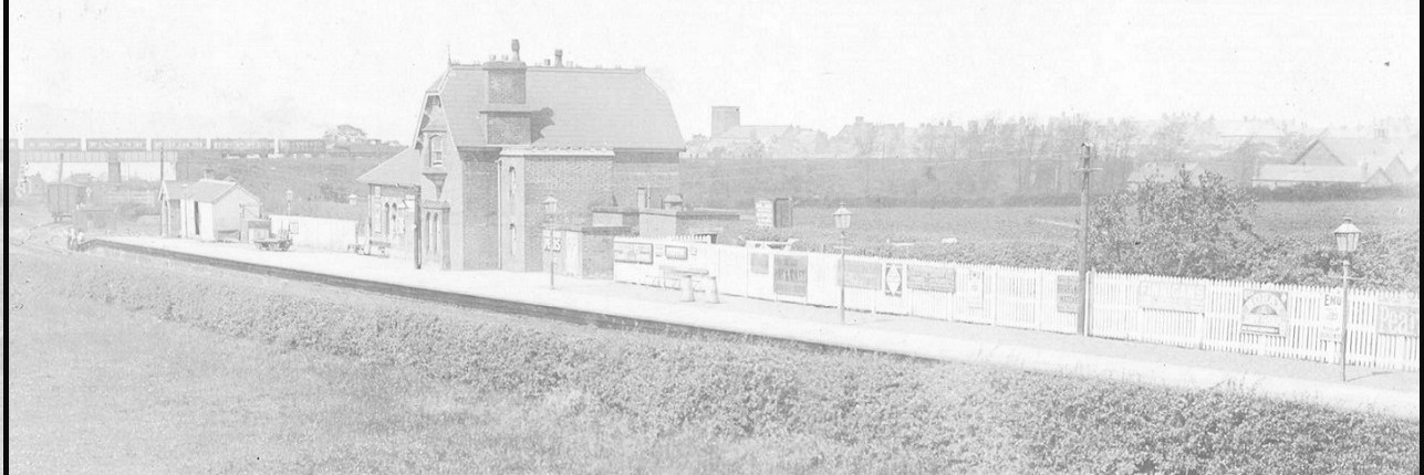 Neston South Station, circa 1950, viwed from the road bridge; note the train passing over the Station Road bridge heading for Neston North.